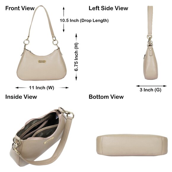 Ladies Taupe/Beige Leather Hobo Shoulder Bag -Top Handle Tote Bag, Satchel Purse - Picture 3 of 10